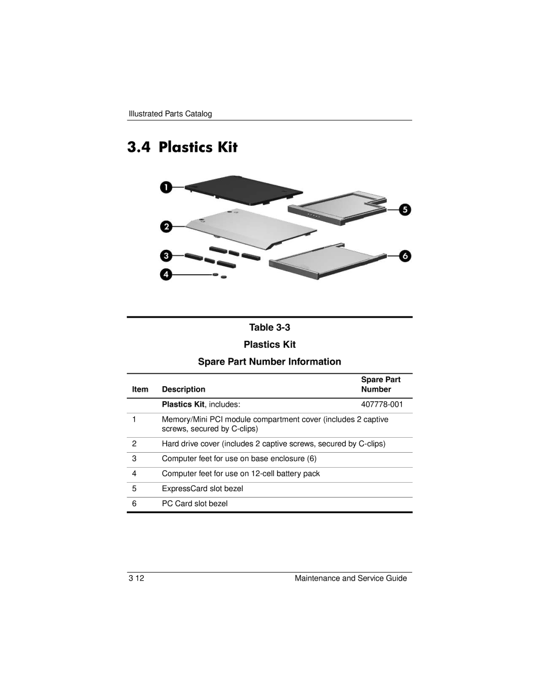 HP invent, 405501-001 Plastics Kit Spare Part Number Information, Description Number Plastics Kit, includes 407778-001 