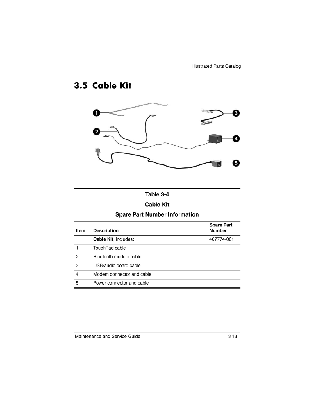 HP 405501-001, invent manual Cable Kit Spare Part Number Information, Description Number 