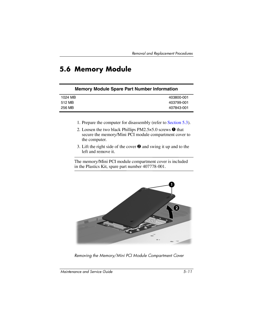 HP 405501-001, invent manual Memory Module Spare Part Number Information 