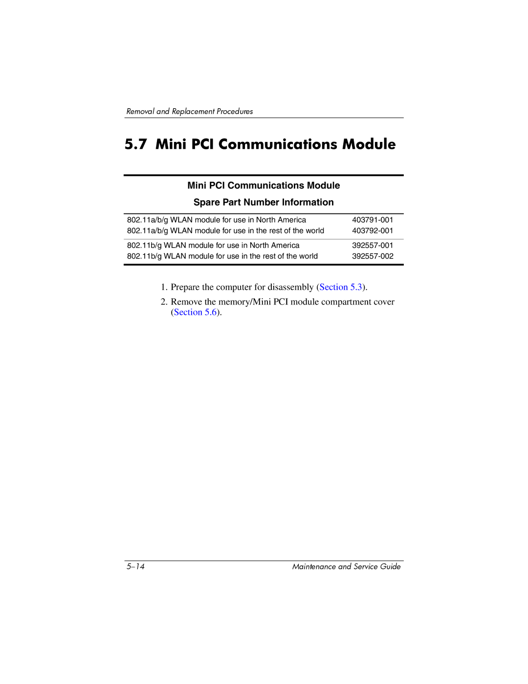 HP invent, 405501-001 manual Mini PCI Communications Module Spare Part Number Information 