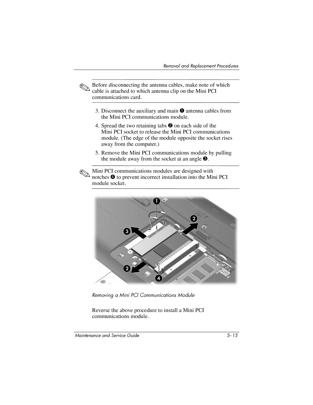 HP 405501-001, invent manual Removing a Mini PCI Communications Module 