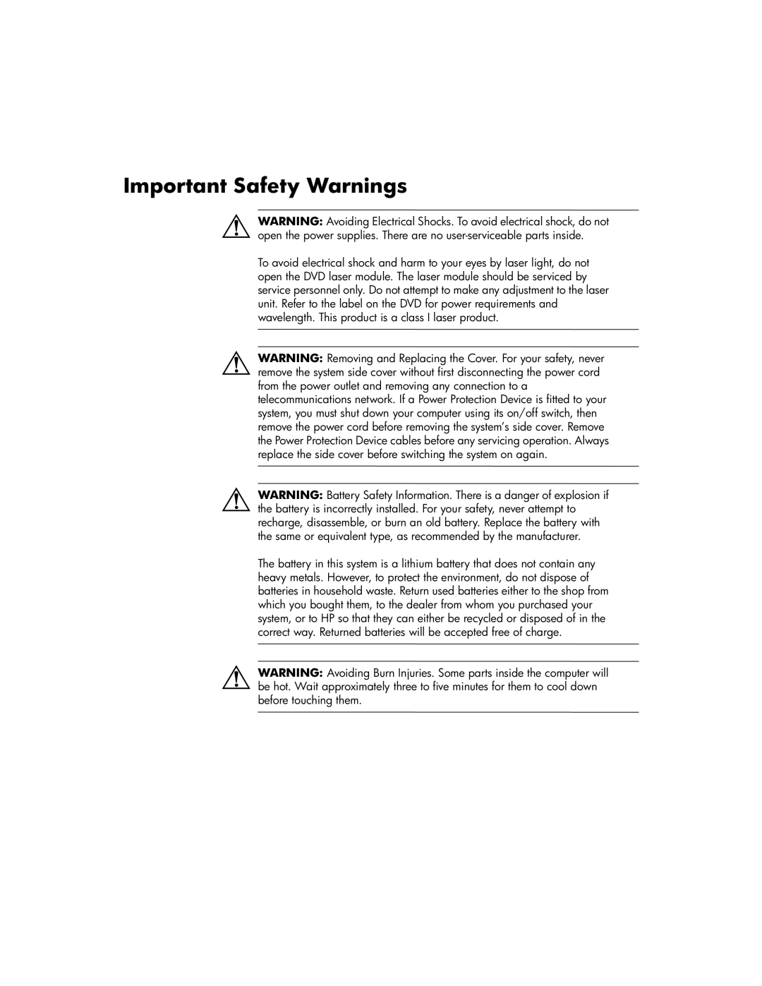 HP Invent zx2000 manual Important Safety Warnings 