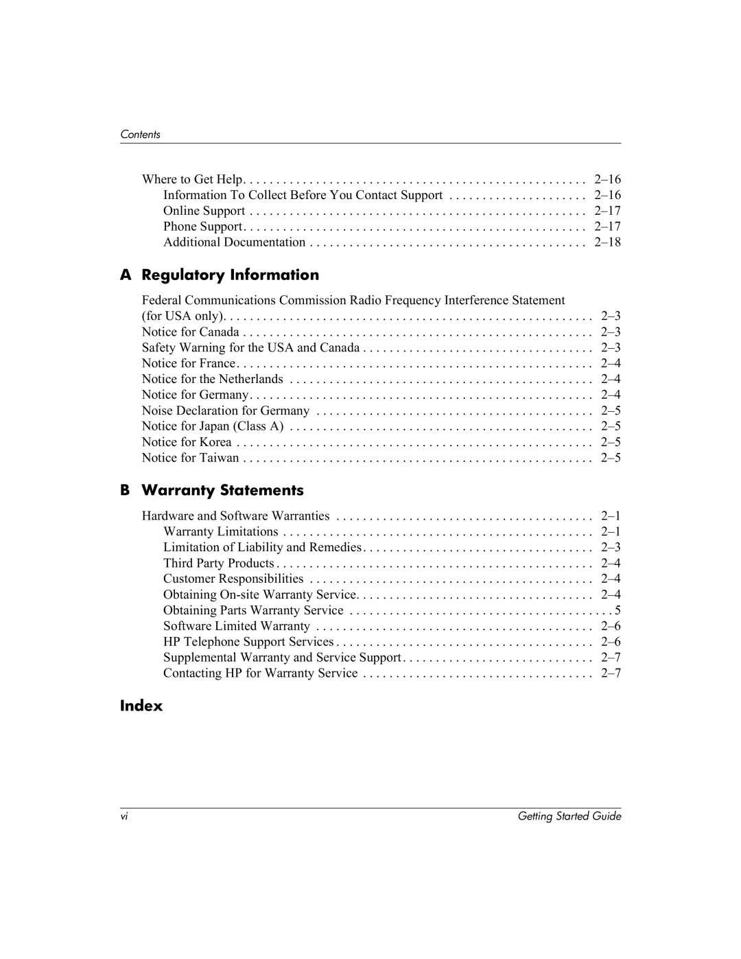 HP Invent zx2000 manual Regulatory Information, Warranty Statements, Index 