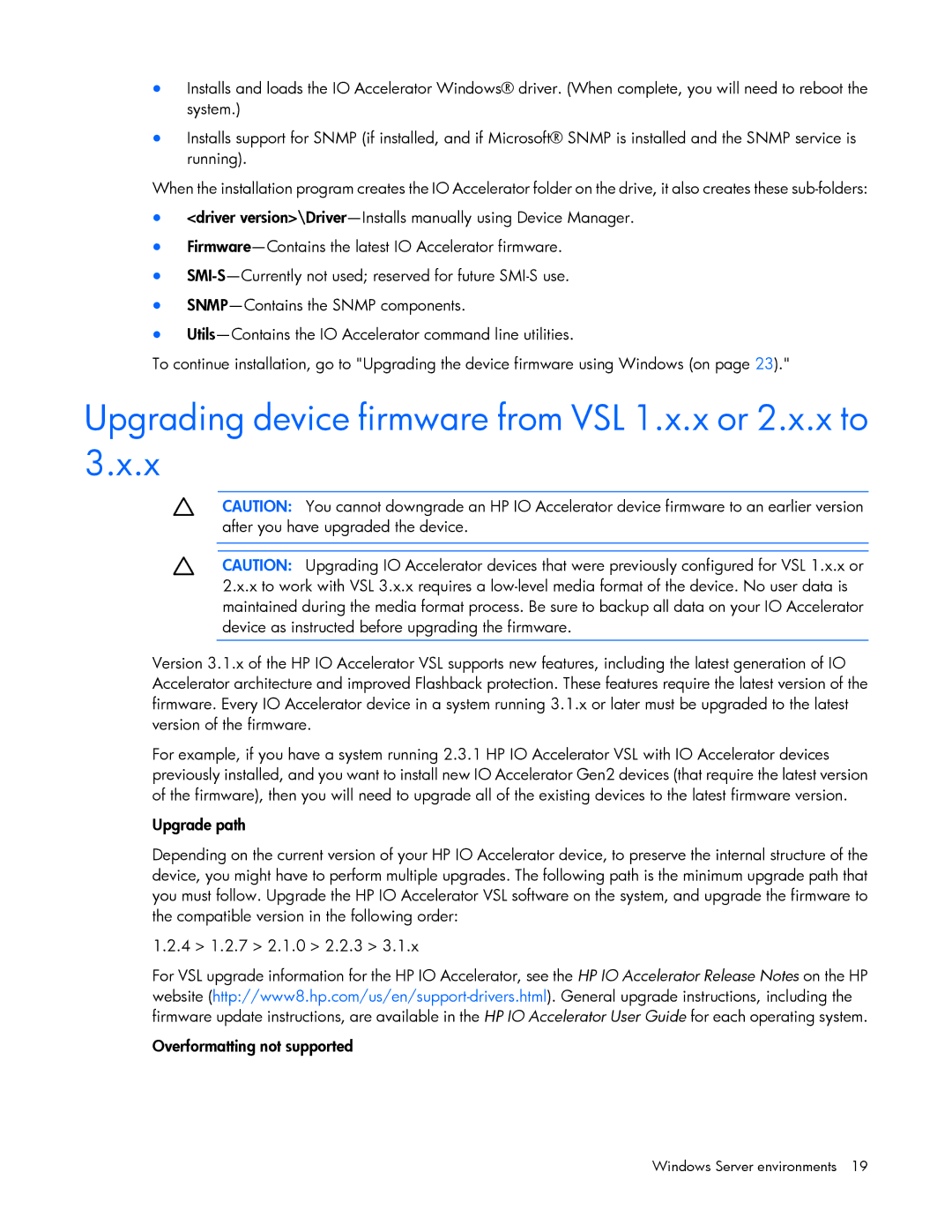 HP IO manual Upgrading device firmware from VSL 1.x.x or 2.x.x to 