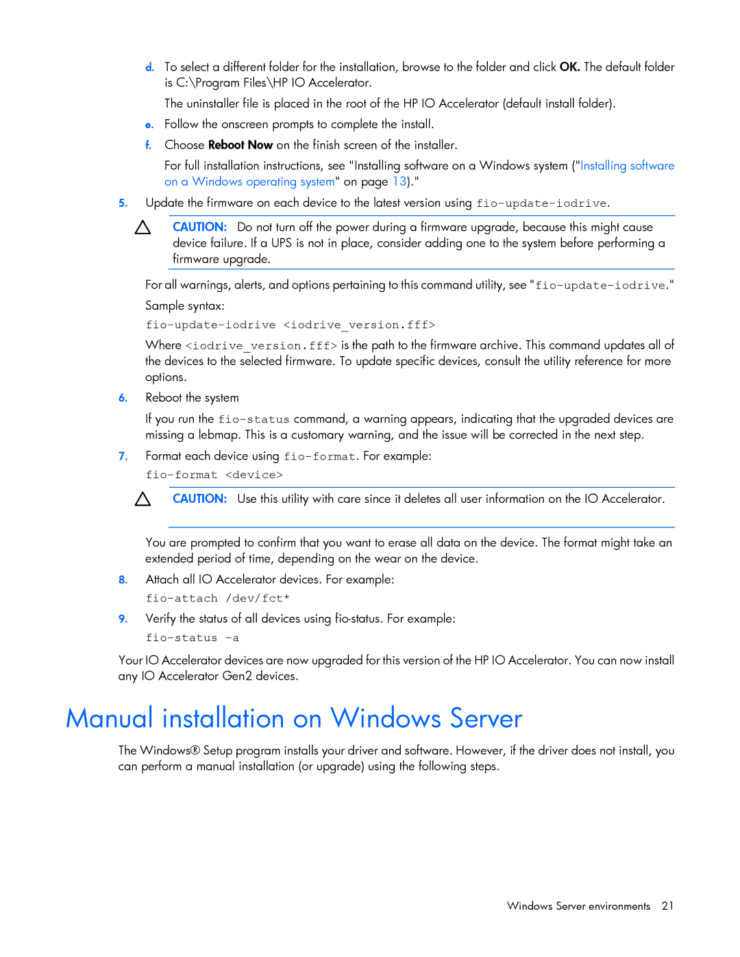 HP IO manual Manual installation on Windows Server, Fio-update-iodrive iodriveversion.fff 