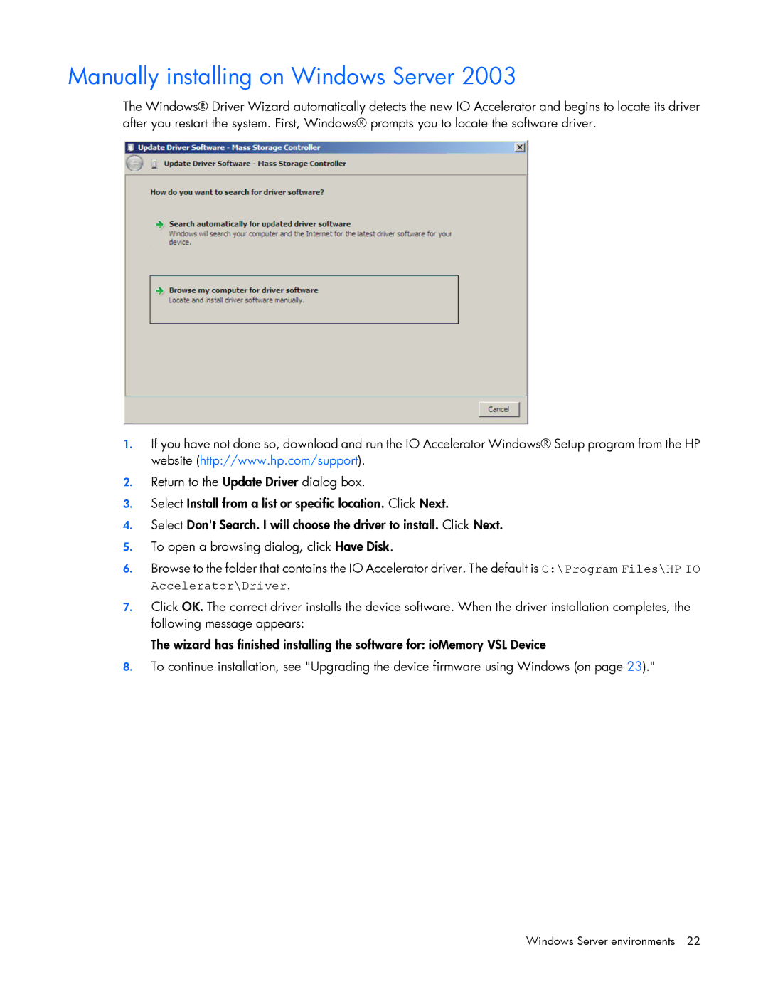 HP IO manual Manually installing on Windows Server 