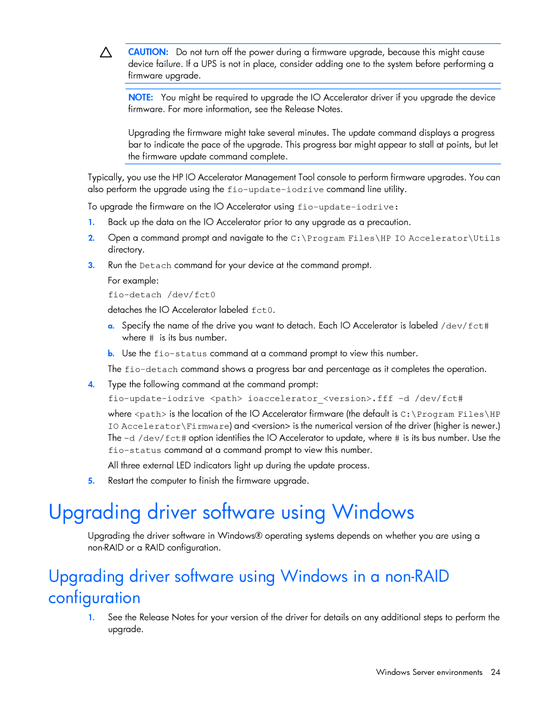 HP IO manual Upgrading driver software using Windows, Fio-detach /dev/fct0 