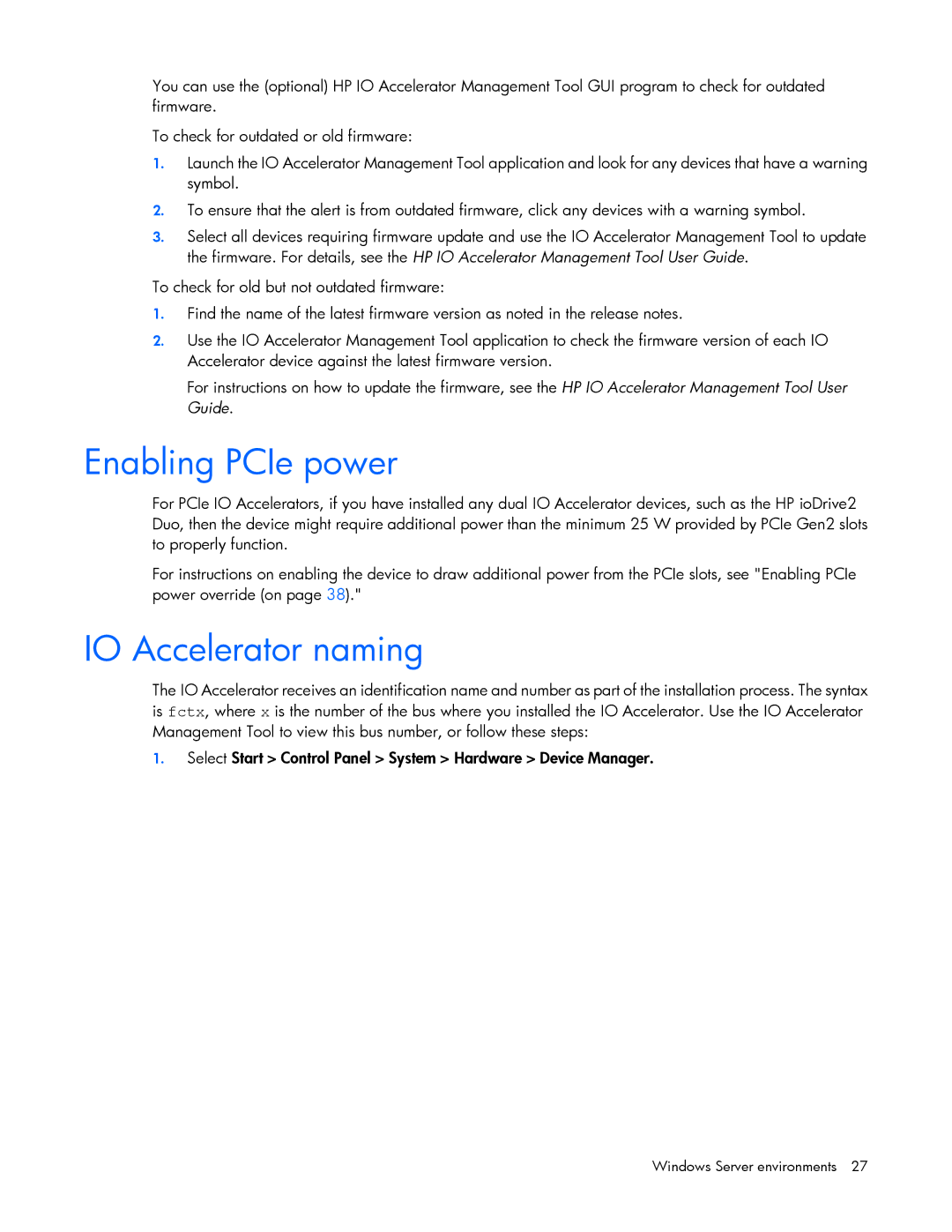 HP manual Enabling PCIe power, IO Accelerator naming 