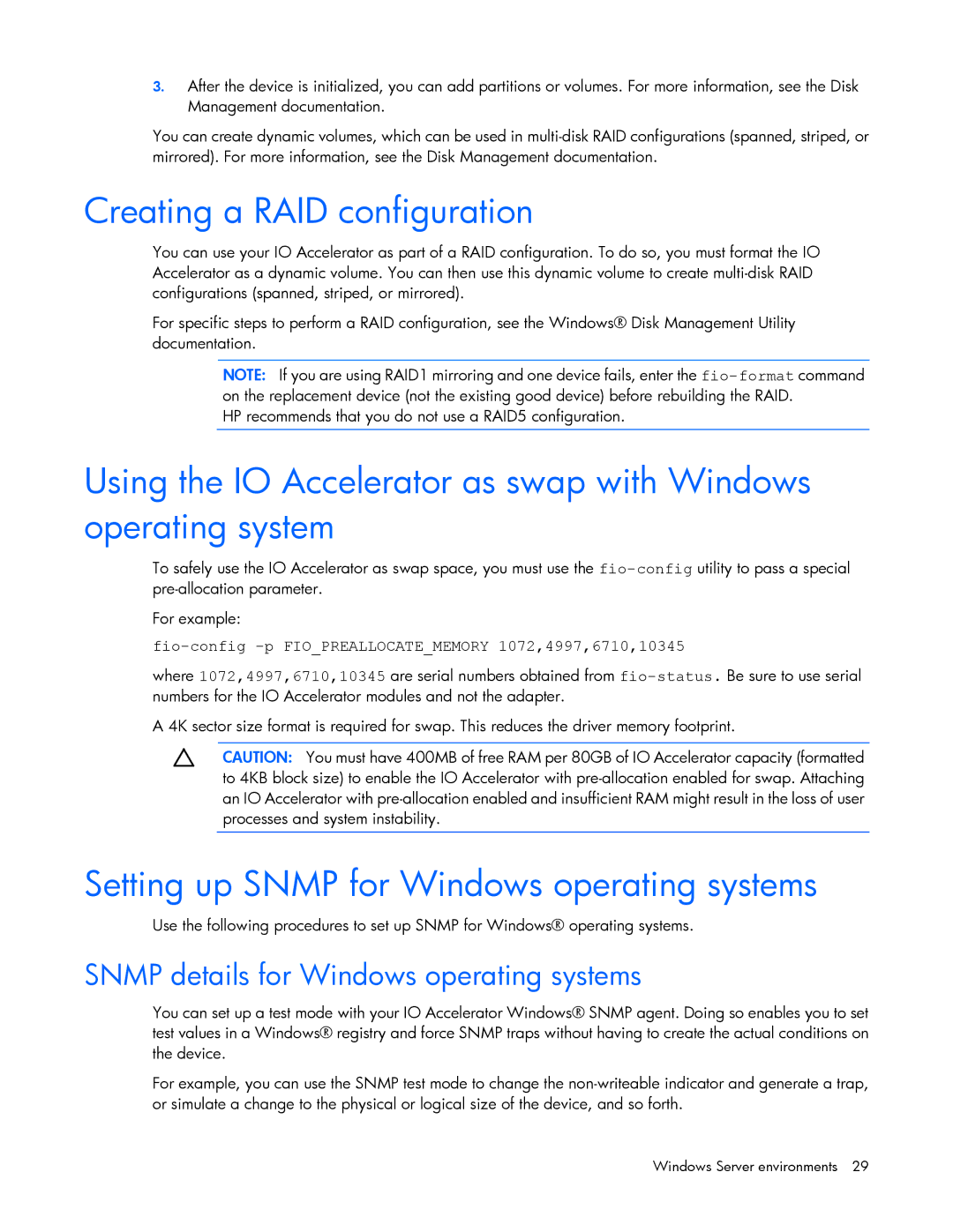 HP IO manual Creating a RAID configuration, Setting up Snmp for Windows operating systems 