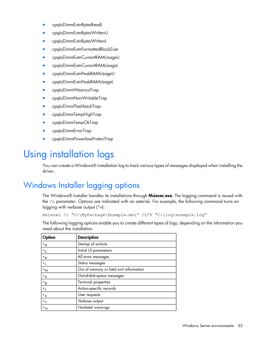 HP IO manual Using installation logs, Windows Installer logging options 