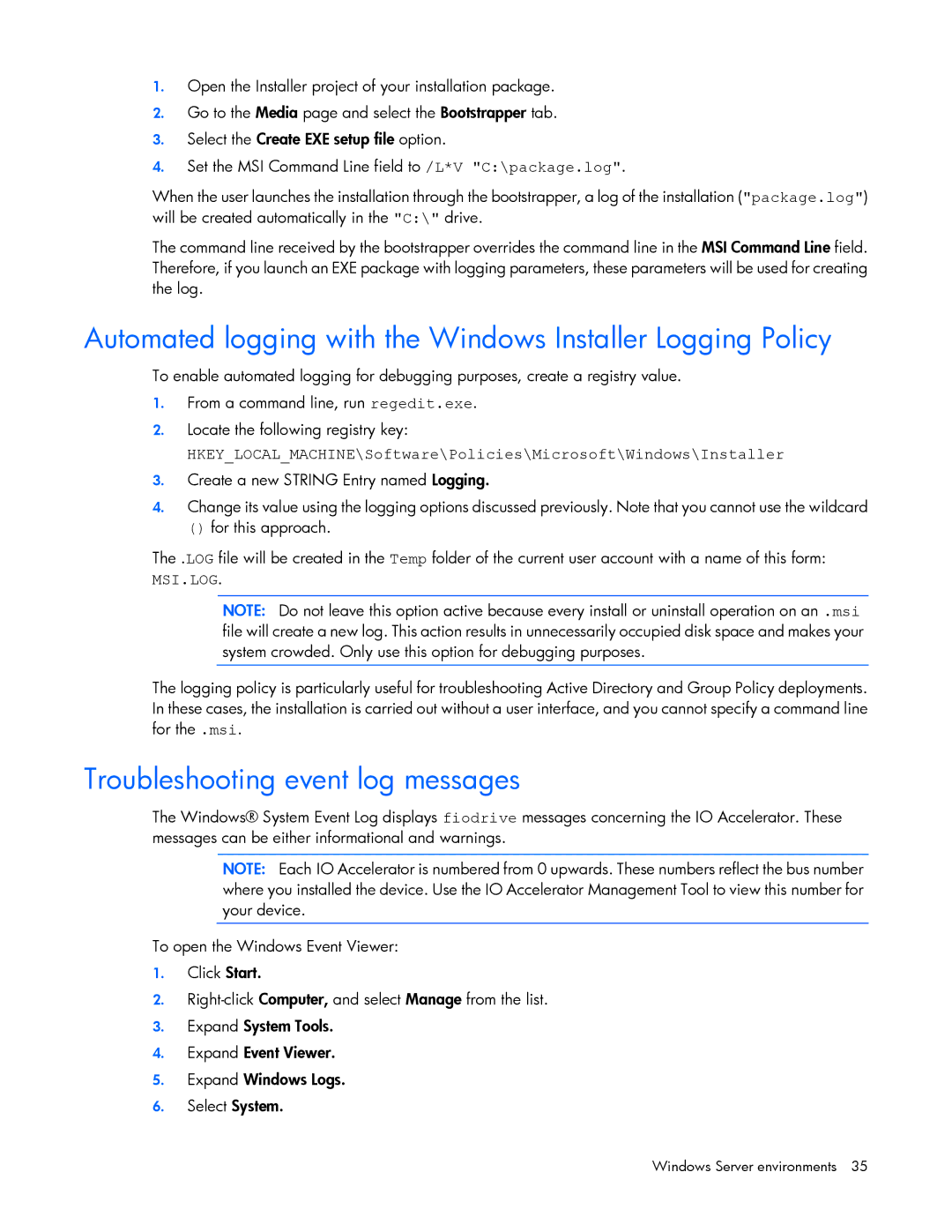 HP IO manual Automated logging with the Windows Installer Logging Policy, Troubleshooting event log messages 