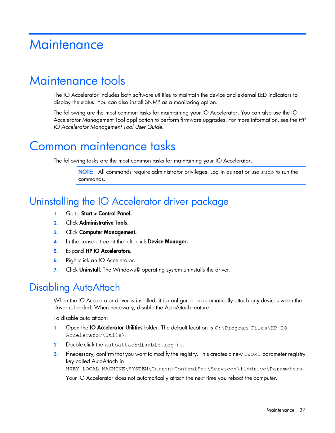 HP manual Maintenance tools, Common maintenance tasks, Uninstalling the IO Accelerator driver package 