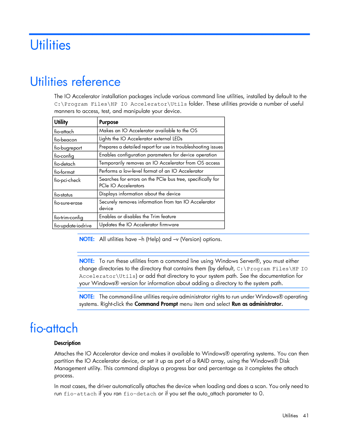 HP IO manual Utilities reference, Fio-attach 