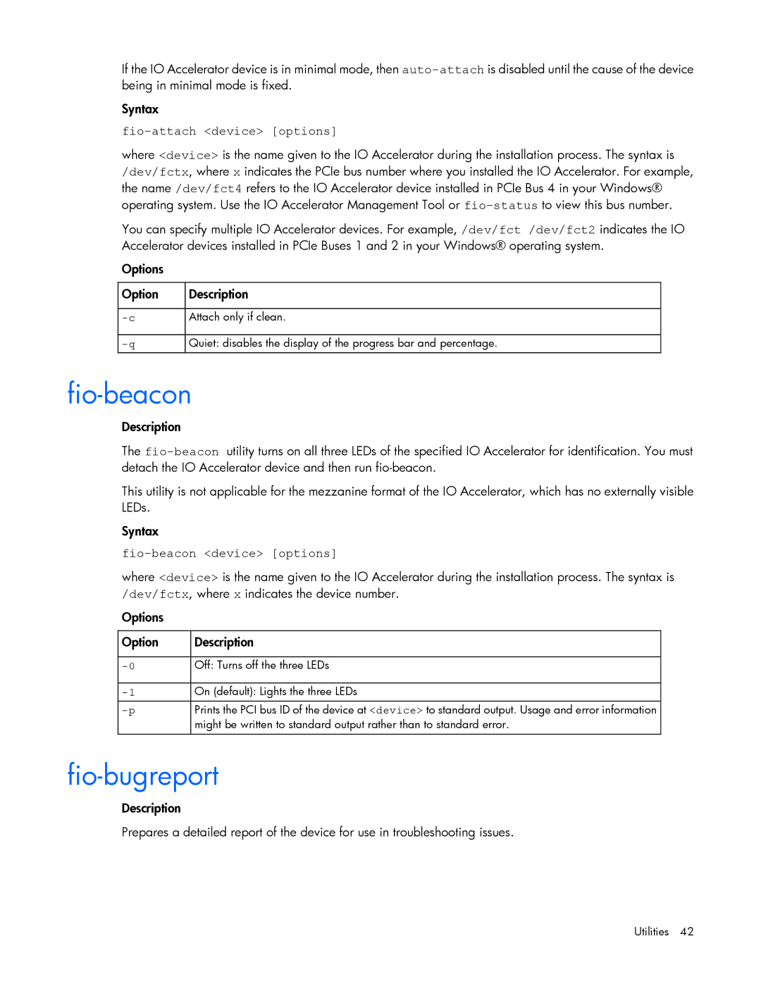 HP IO manual Fio-bugreport, Fio-attach device options, Fio-beacon device options 