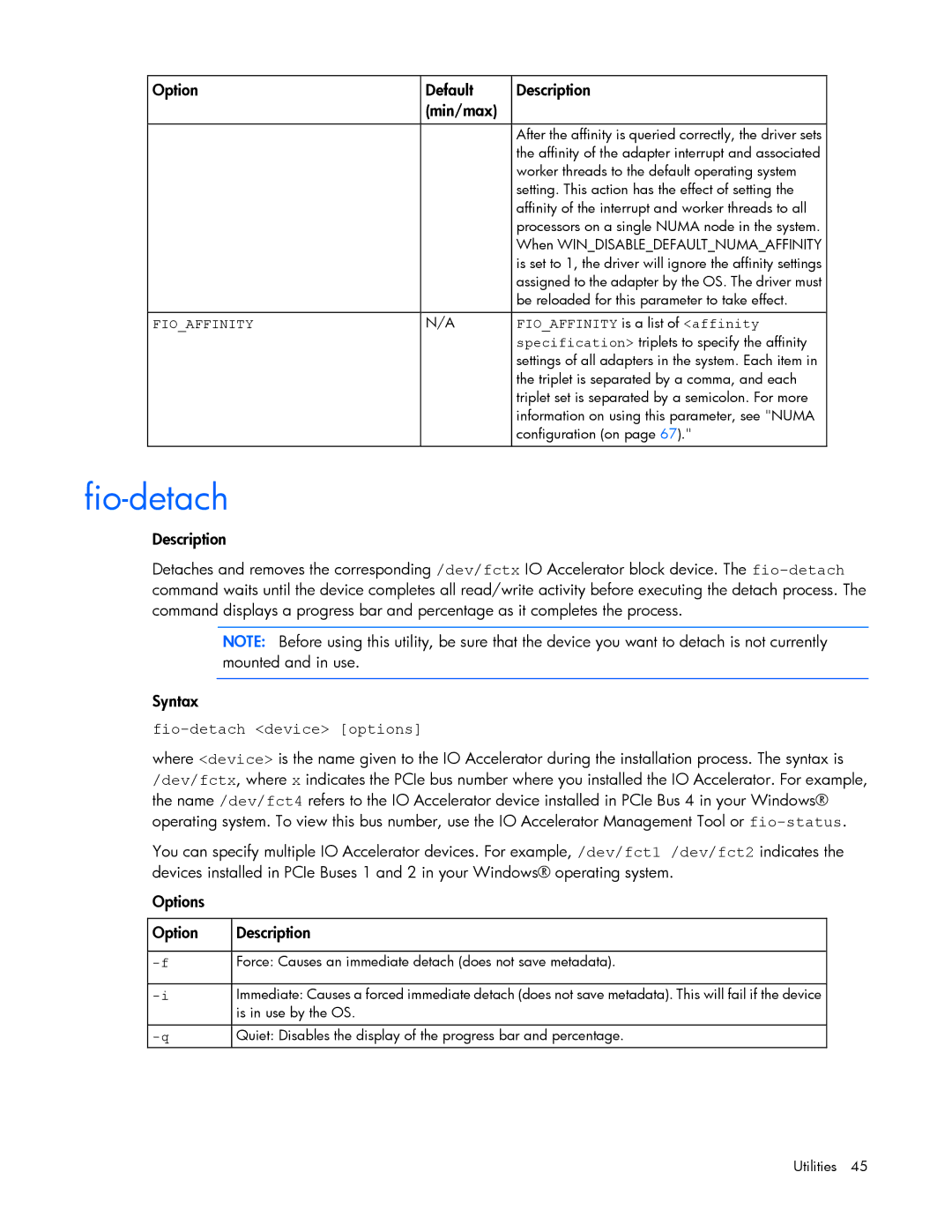 HP IO manual Fio-detach device options 