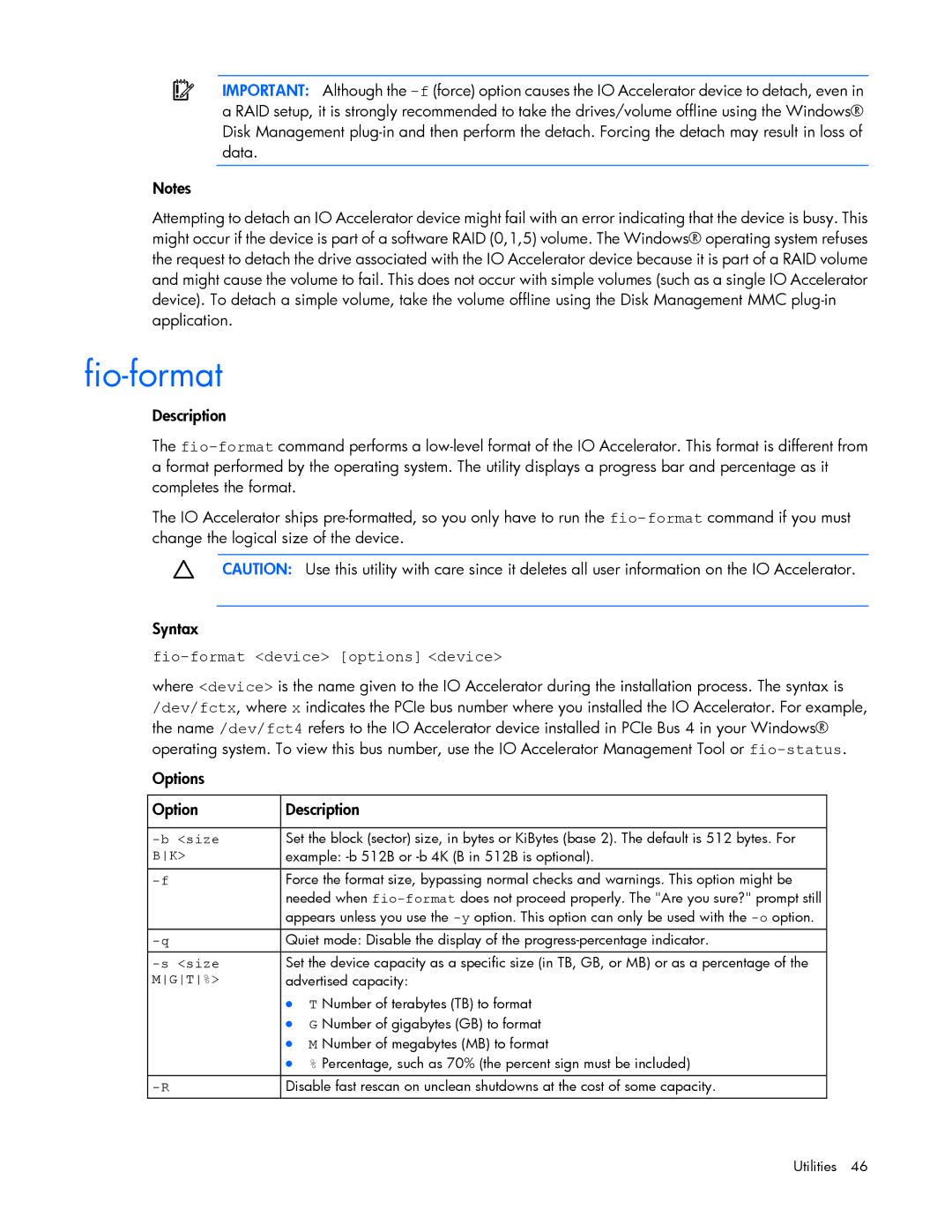 HP IO manual Fio-format device options device 