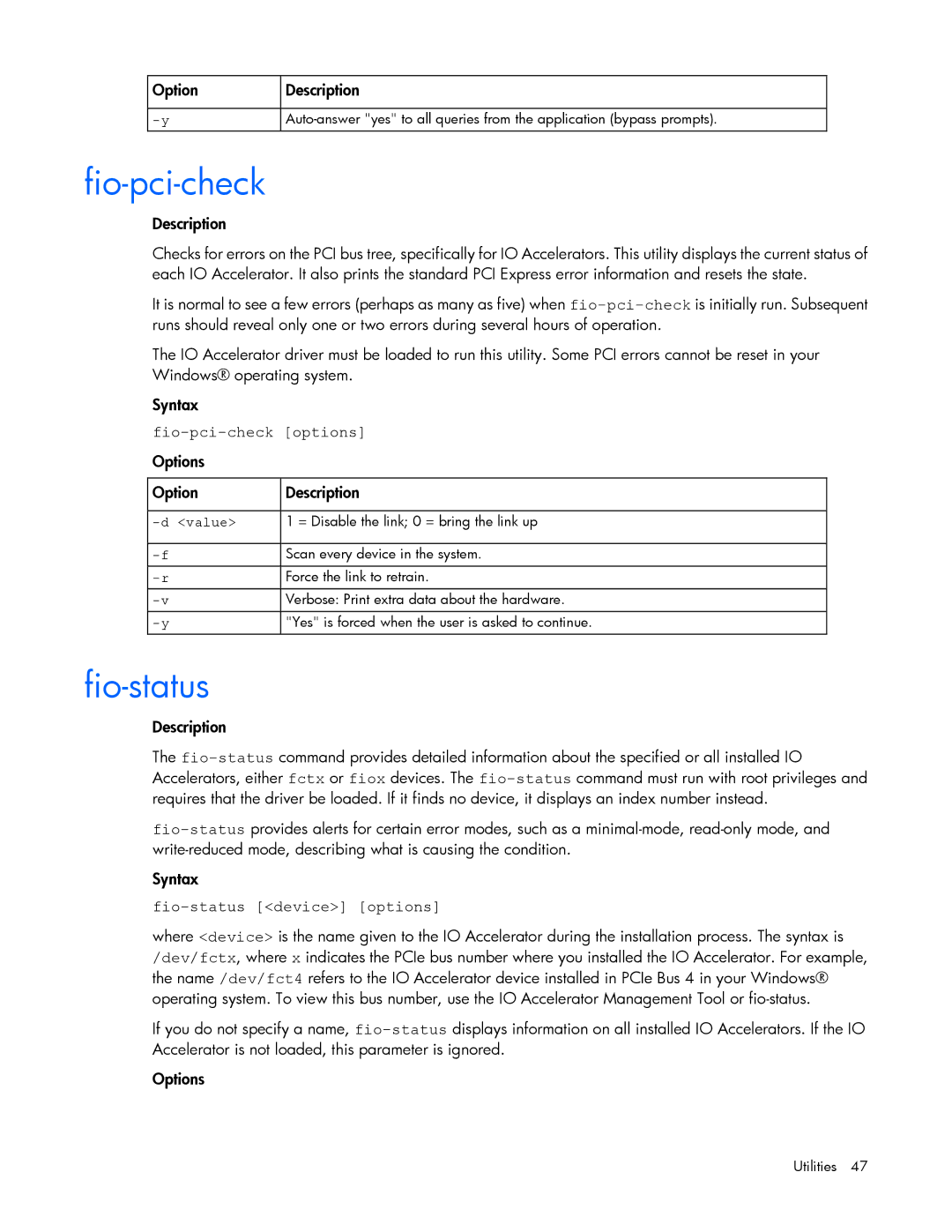 HP IO manual Fio-pci-check options Options, Fio-status device options 