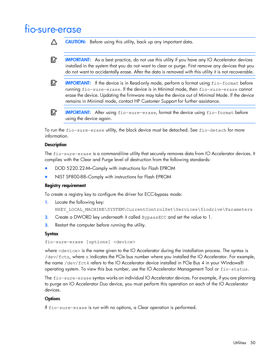 HP IO manual Fio-sure-erase options device 
