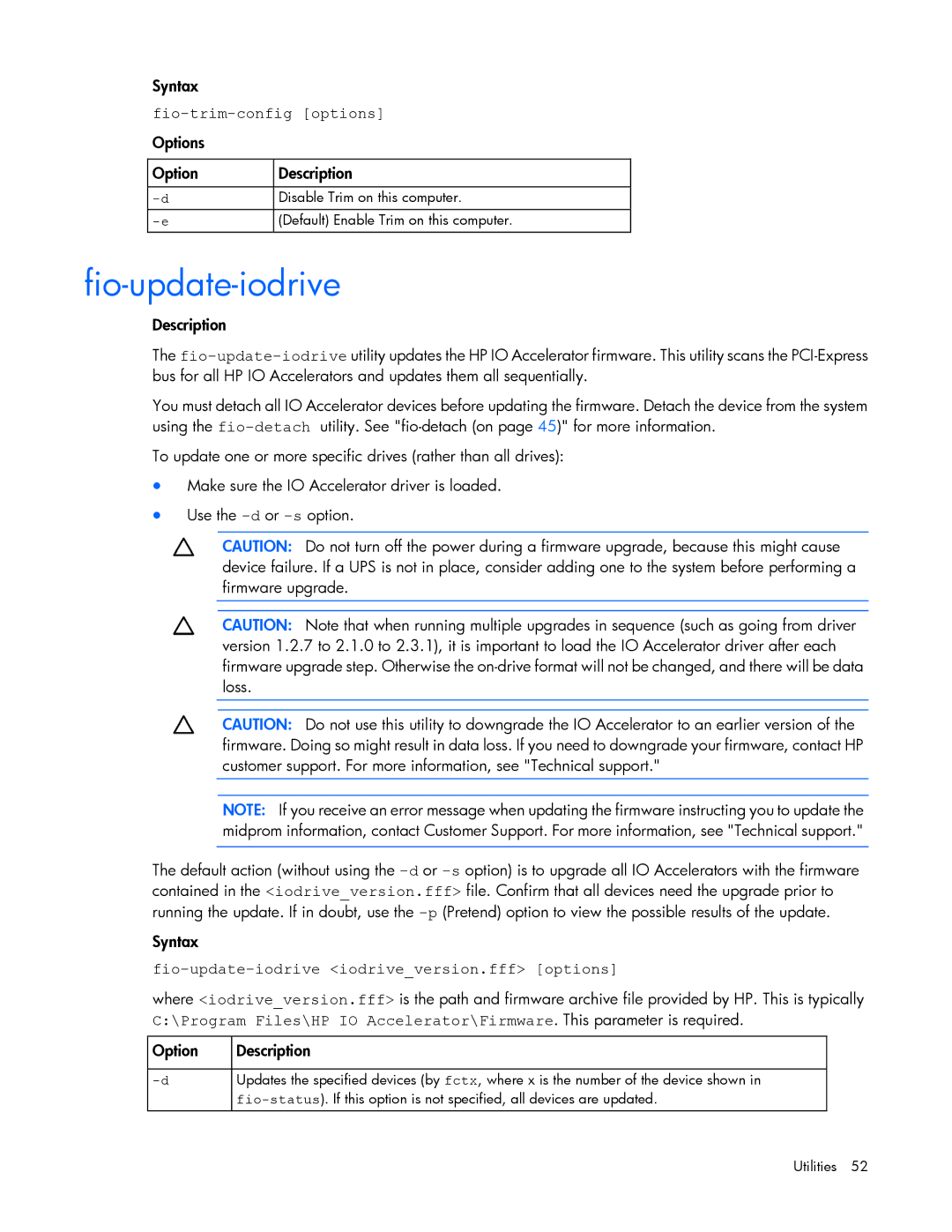 HP IO manual Fio-trim-config options Options, Fio-update-iodrive iodriveversion.fff options 