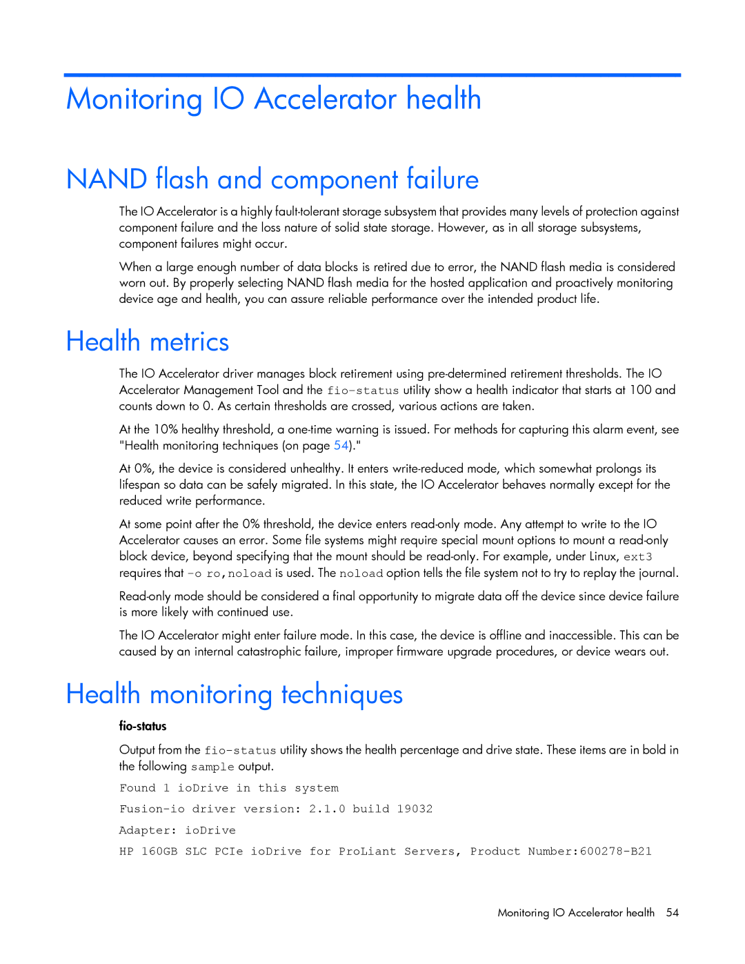 HP Monitoring IO Accelerator health, Nand flash and component failure, Health metrics, Health monitoring techniques 