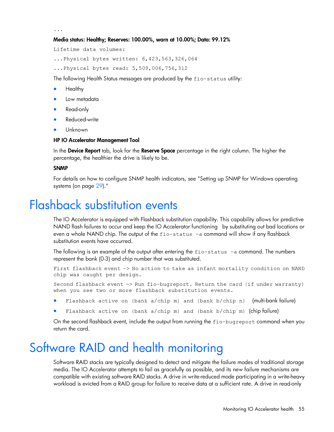 HP IO manual Flashback substitution events, Software RAID and health monitoring 