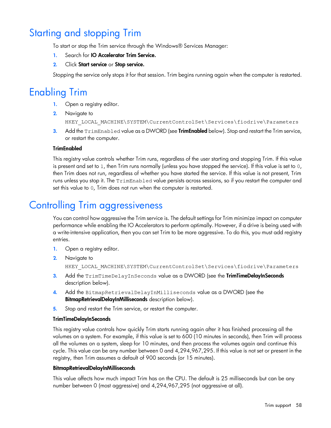 HP IO manual Starting and stopping Trim, Enabling Trim, Controlling Trim aggressiveness 