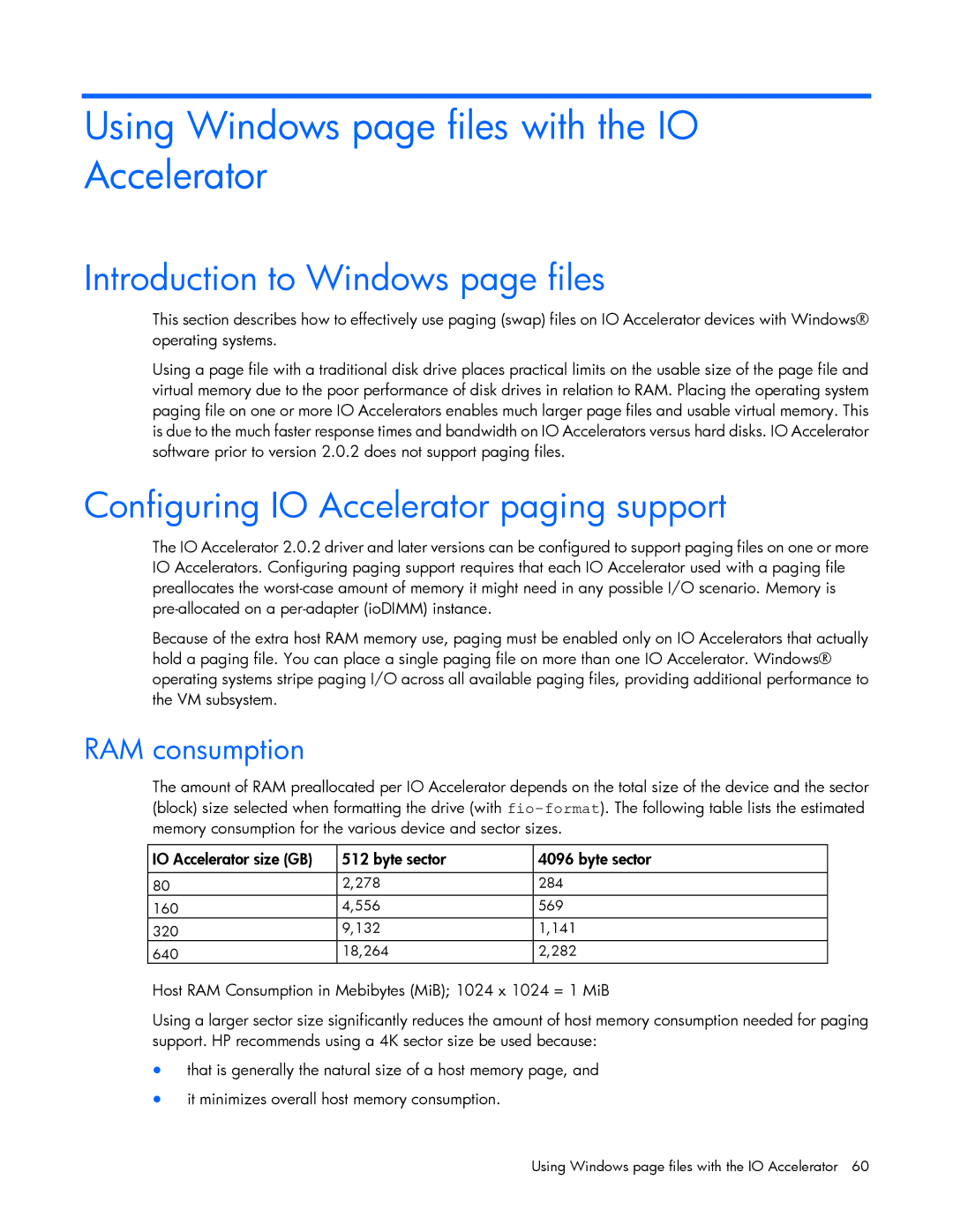 HP manual Using Windows page files with the IO Accelerator, Introduction to Windows page files, RAM consumption 