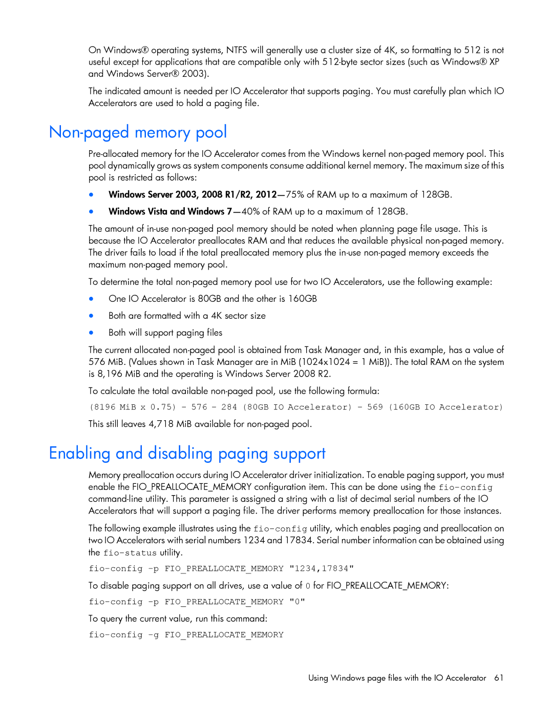 HP IO manual Non-paged memory pool, Enabling and disabling paging support, Fio-config -p Fiopreallocatememory 1234,17834 