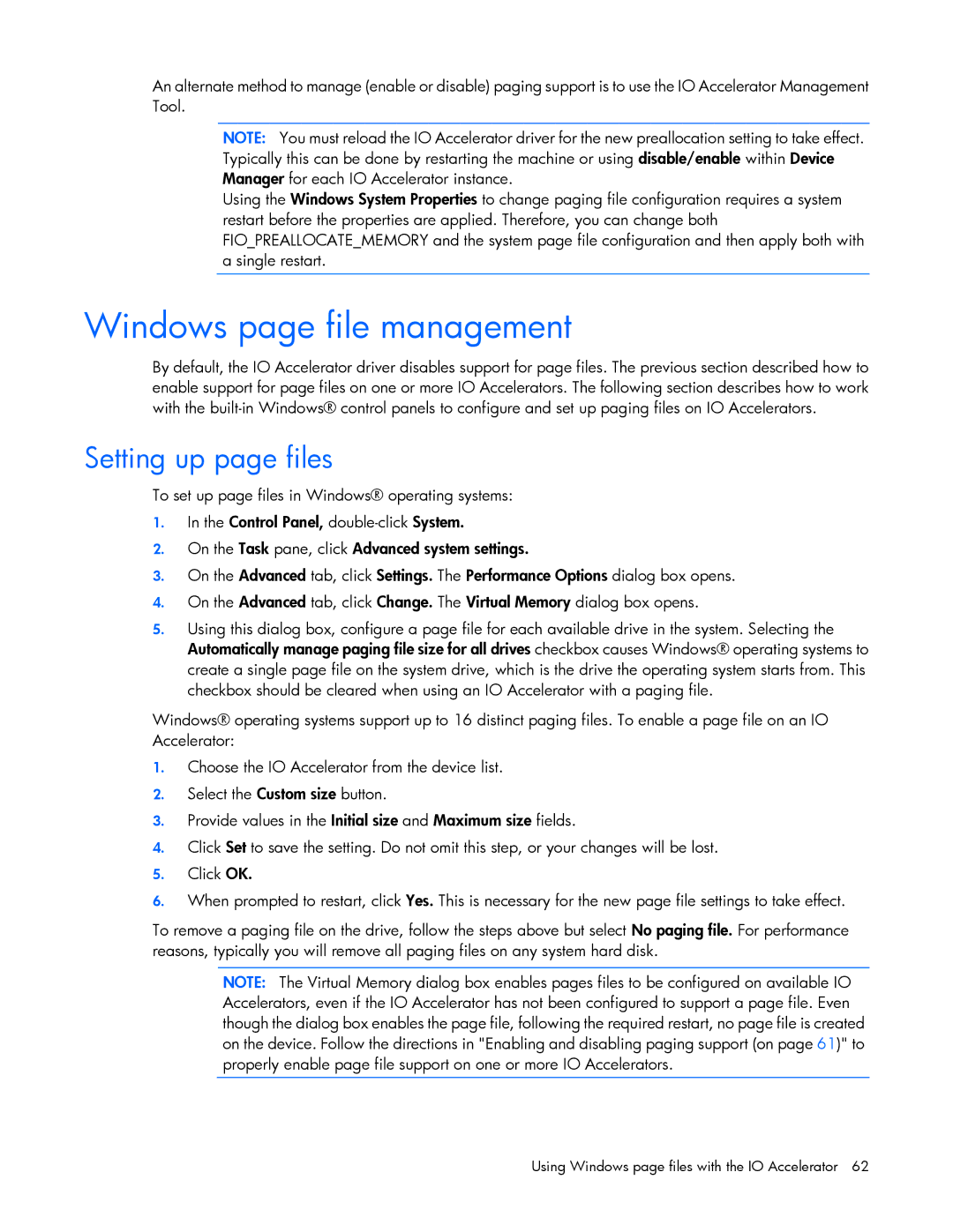 HP IO manual Windows page file management, Setting up page files 