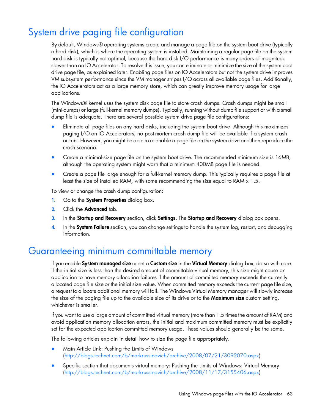 HP IO manual System drive paging file configuration, Guaranteeing minimum committable memory 