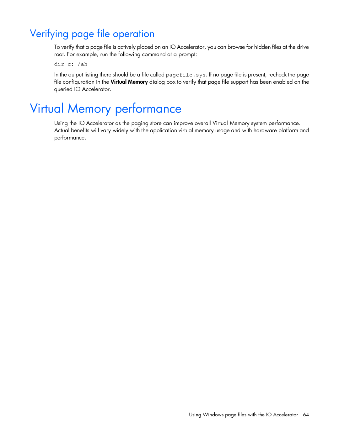 HP IO manual Virtual Memory performance, Verifying page file operation, Dir c /ah 