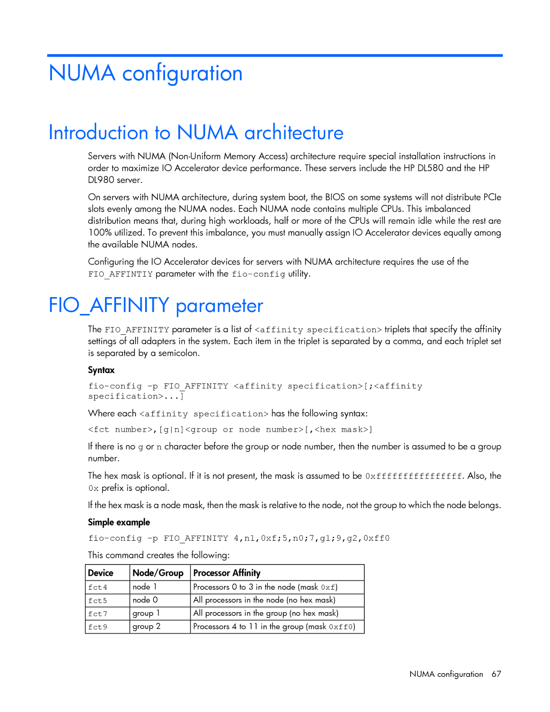 HP IO manual Numa configuration, Introduction to Numa architecture, Fioaffinity parameter 