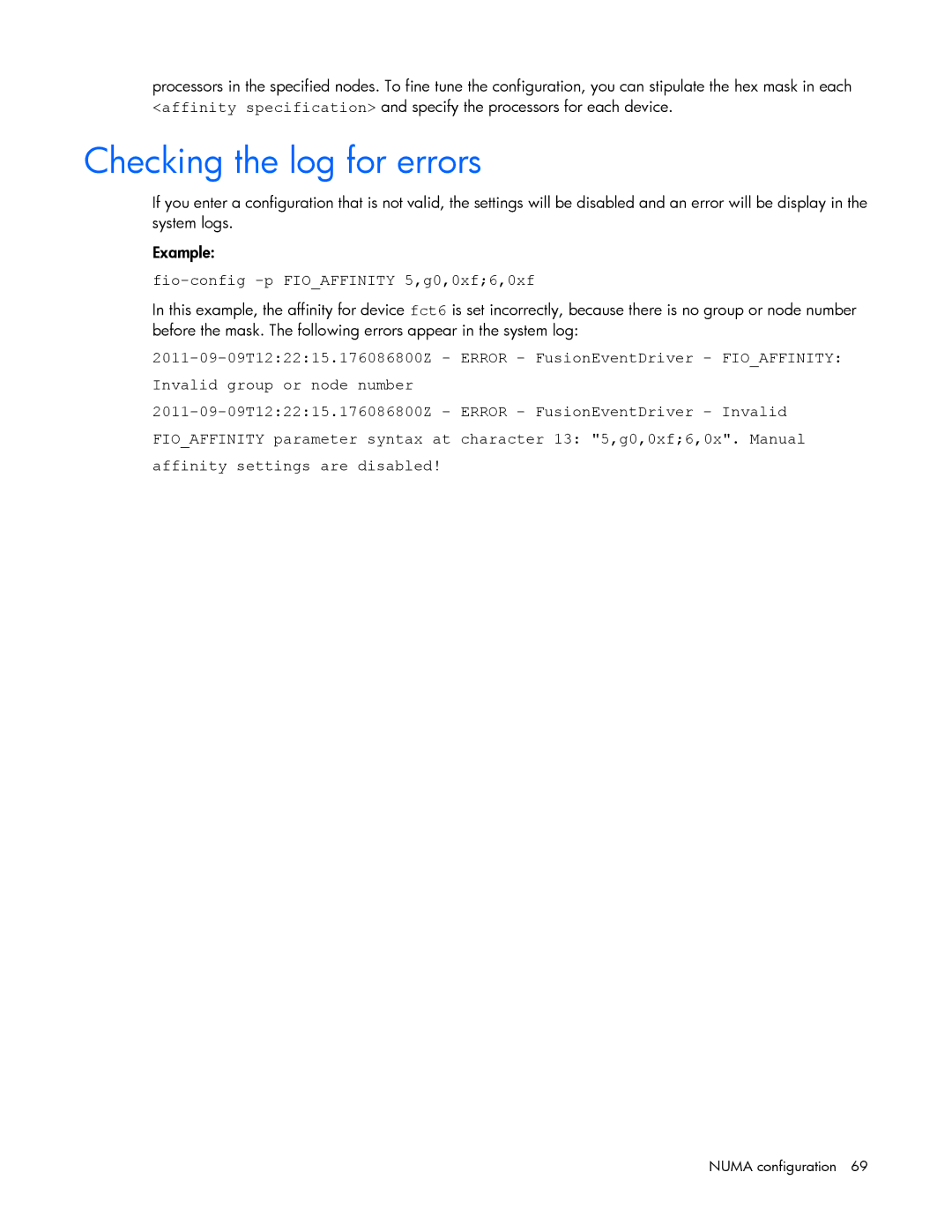 HP IO manual Checking the log for errors, Fio-config -p Fioaffinity 5,g0,0xf6,0xf 