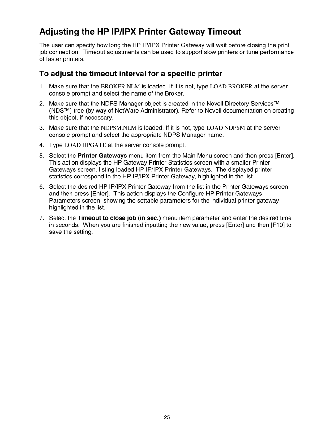 HP IP/IPX Gateway for NDPS manual Adjusting the HP IP/IPX Printer Gateway Timeout 