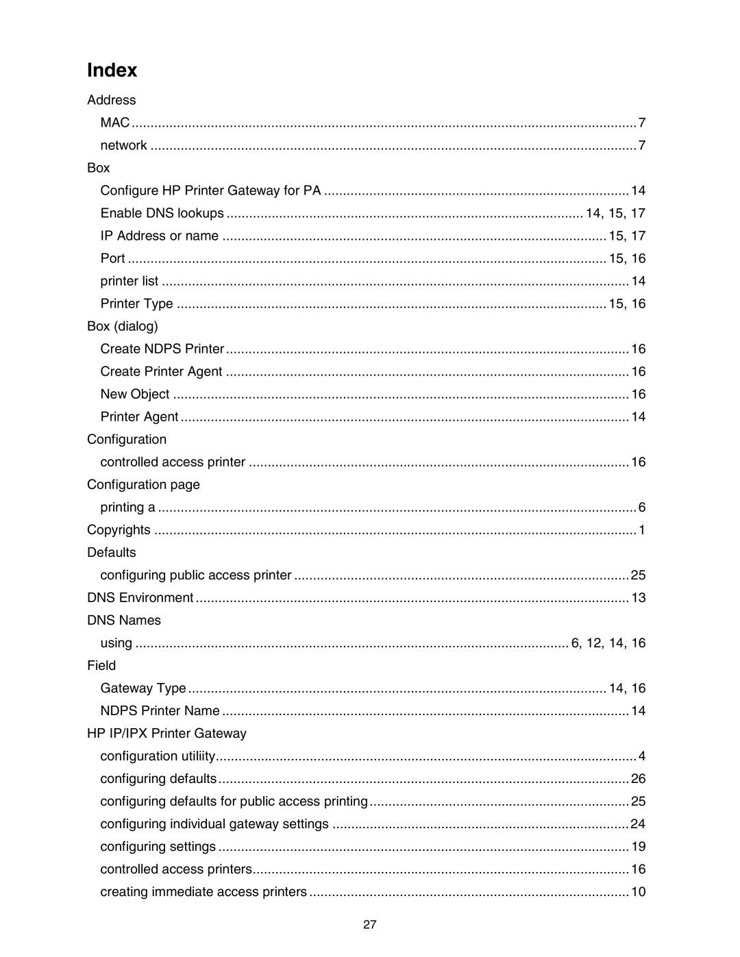 HP IP/IPX Gateway for NDPS manual Index 