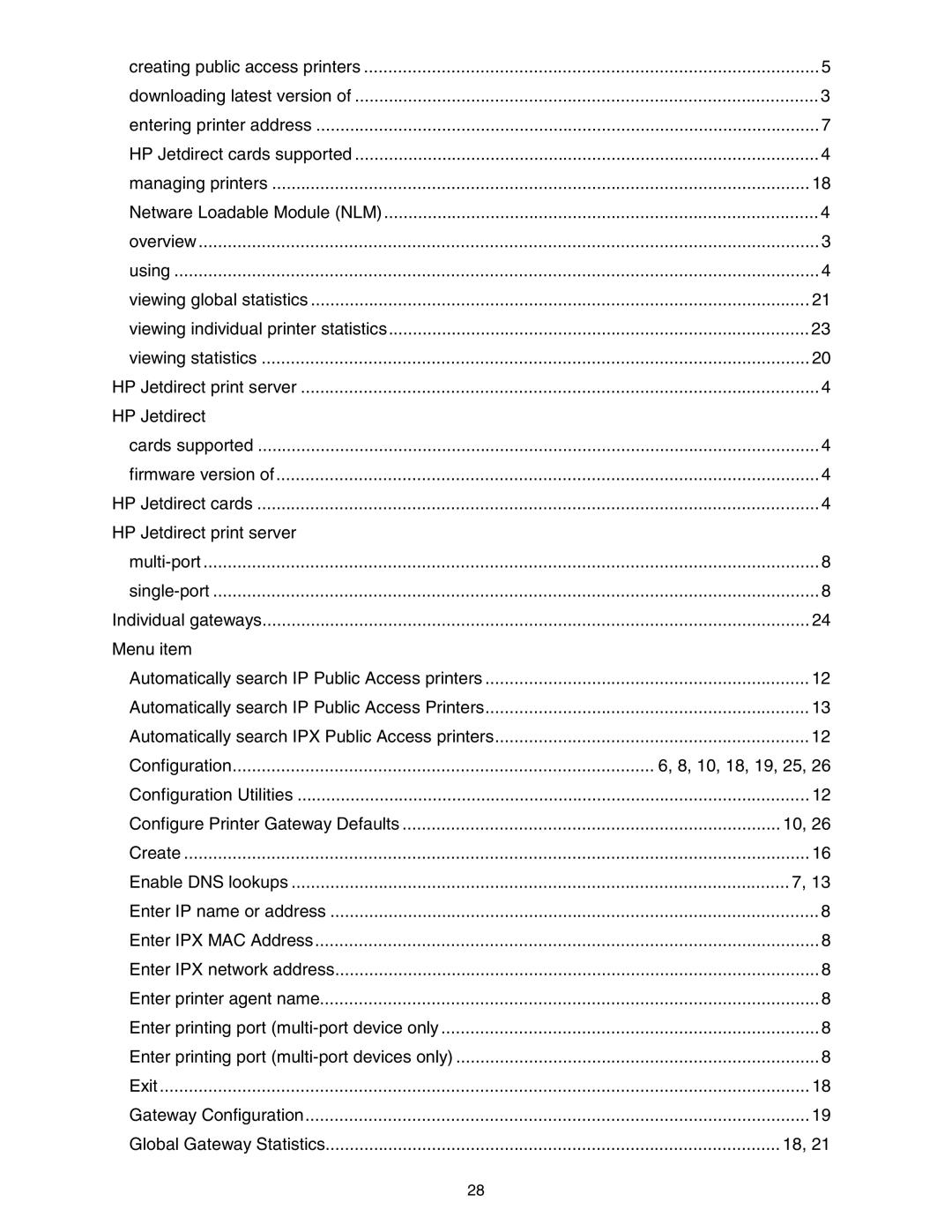 HP IP/IPX Gateway for NDPS manual HP Jetdirect print server, Menu item, Configuration 10, 18, 19, 25 