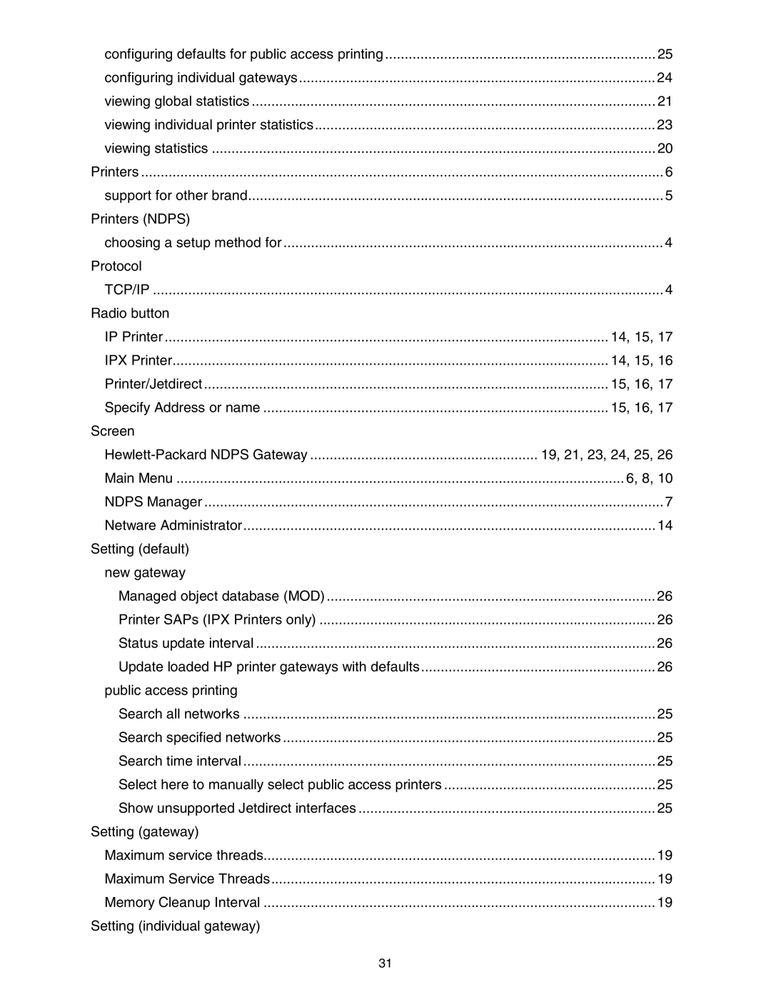 HP IP/IPX Gateway for NDPS Printers Ndps, Protocol, Radio button, 15, 16, Setting default New gateway, Setting gateway 