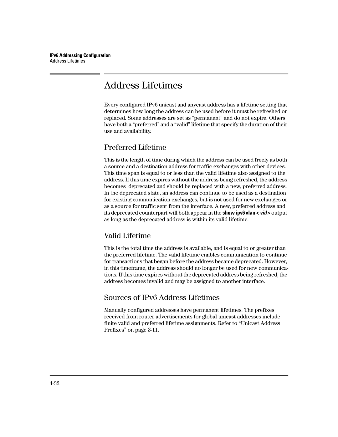 HP IPv6 6200yl, IPv6 2900, IPv6 5400zl manual Preferred Lifetime, Valid Lifetime, Sources of IPv6 Address Lifetimes 