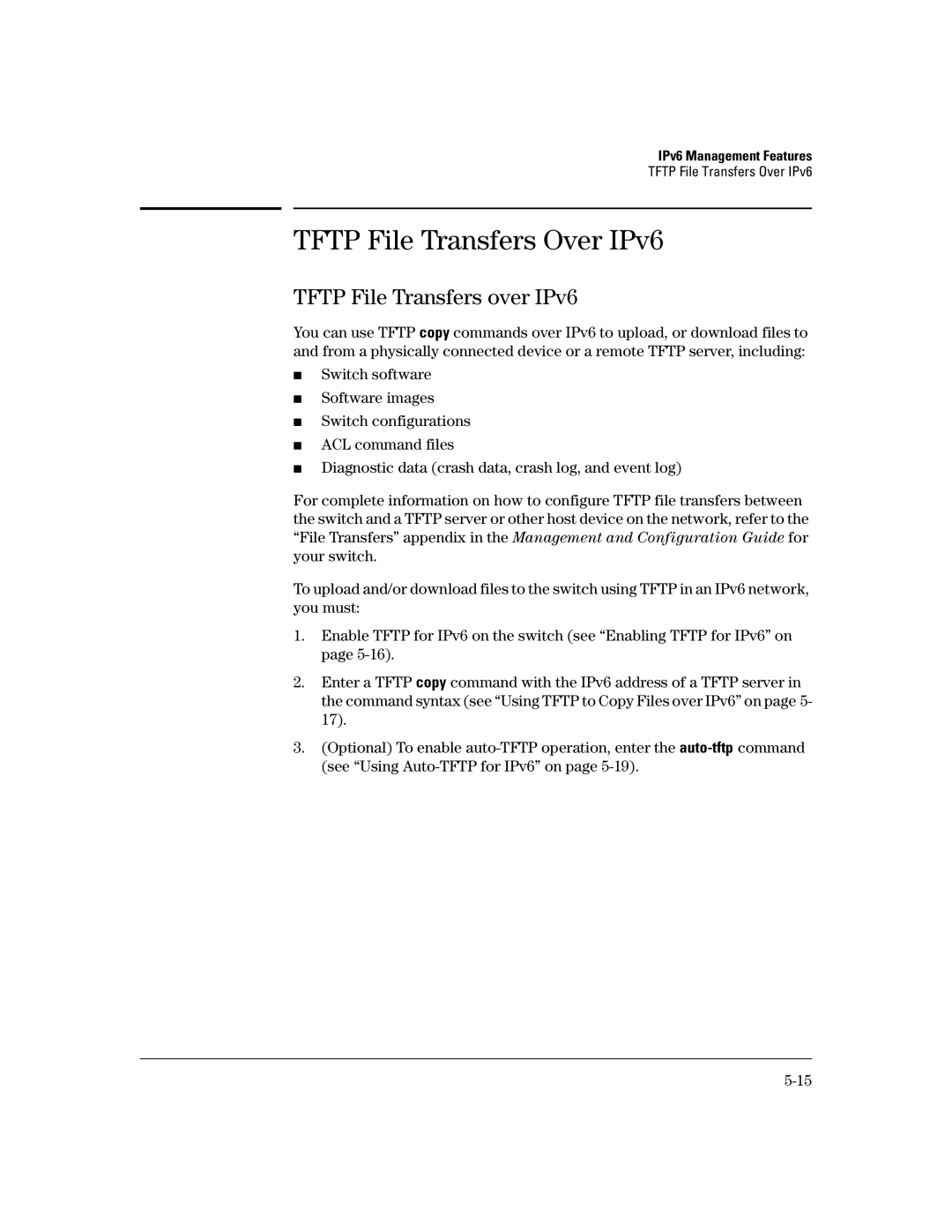 HP IPv6 2900, IPv6 6200yl, IPv6 5400zl, IPv6 3500yl manual Tftp File Transfers Over IPv6, Tftp File Transfers over IPv6 