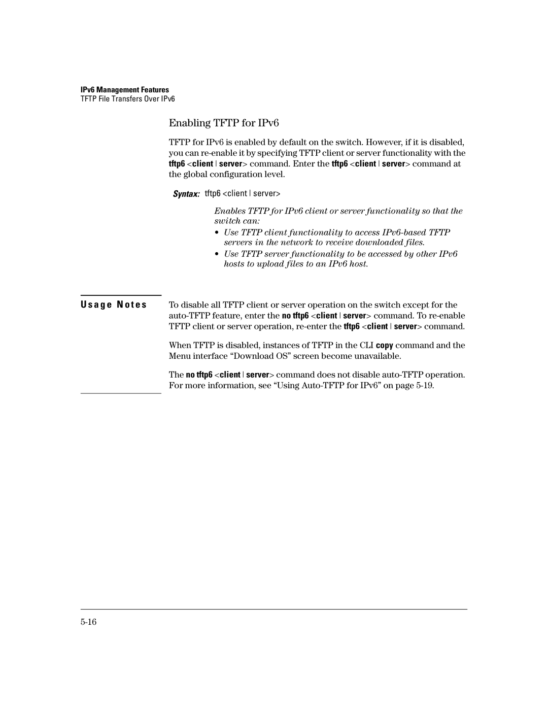 HP IPv6 5400zl, IPv6 6200yl, IPv6 2900 manual Enabling Tftp for IPv6, Menu interface Download OS screen become unavailable 