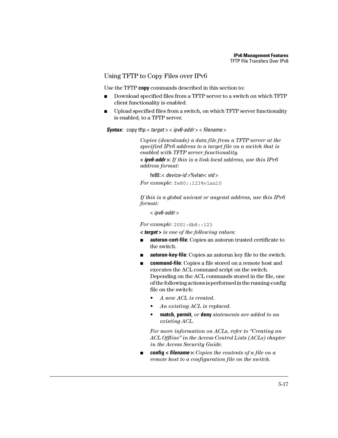 HP IPv6 3500yl, IPv6 6200yl, IPv6 2900, IPv6 5400zl manual Using Tftp to Copy Files over IPv6 