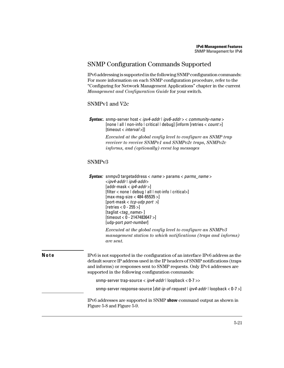 HP IPv6 3500yl, IPv6 6200yl, IPv6 2900, IPv6 5400zl manual Snmp Configuration Commands Supported, SNMPv1 and V2c, SNMPv3 