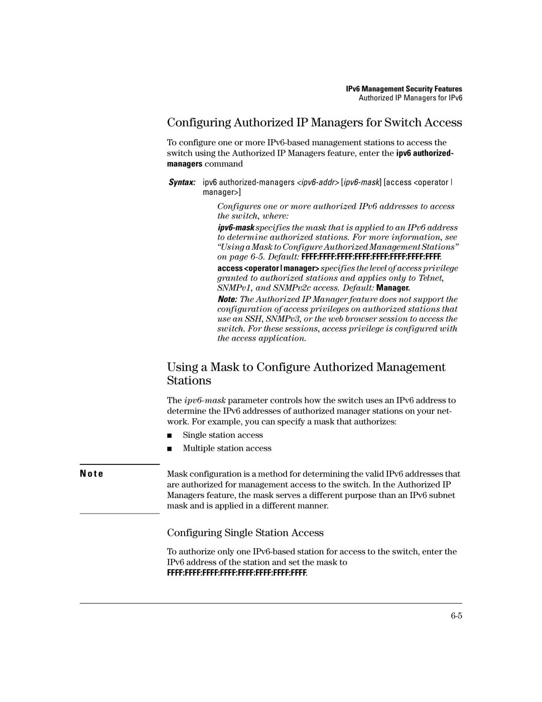 HP IPv6 2900, IPv6 6200yl manual Configuring Authorized IP Managers for Switch Access, Configuring Single Station Access 