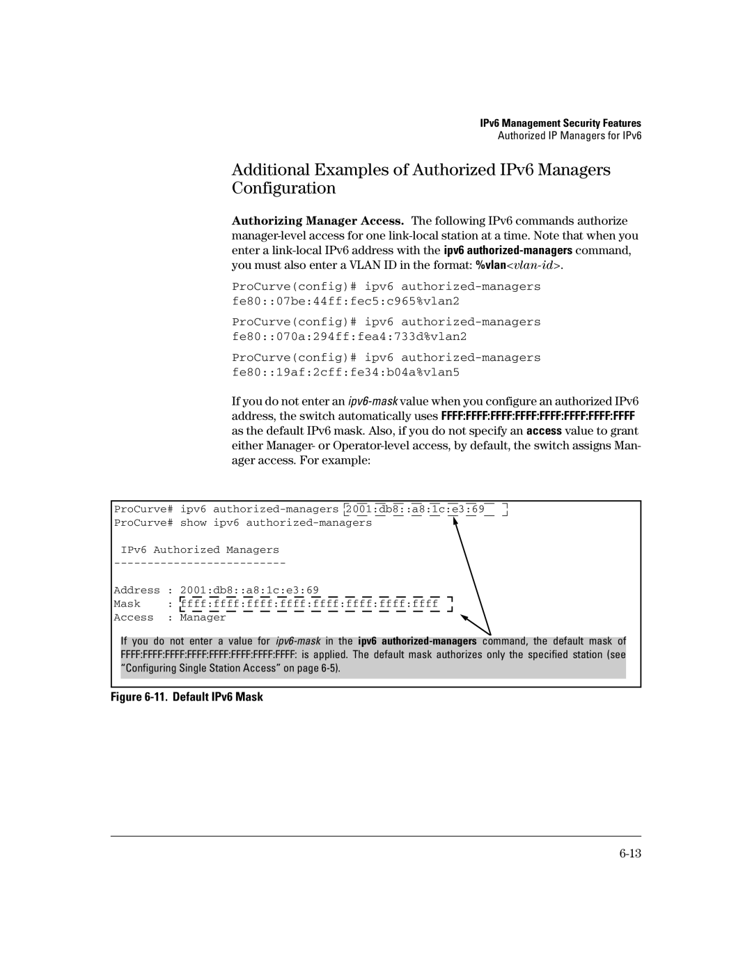 HP IPv6 2900, IPv6 6200yl, IPv6 5400zl, IPv6 3500yl manual Default IPv6 Mask 