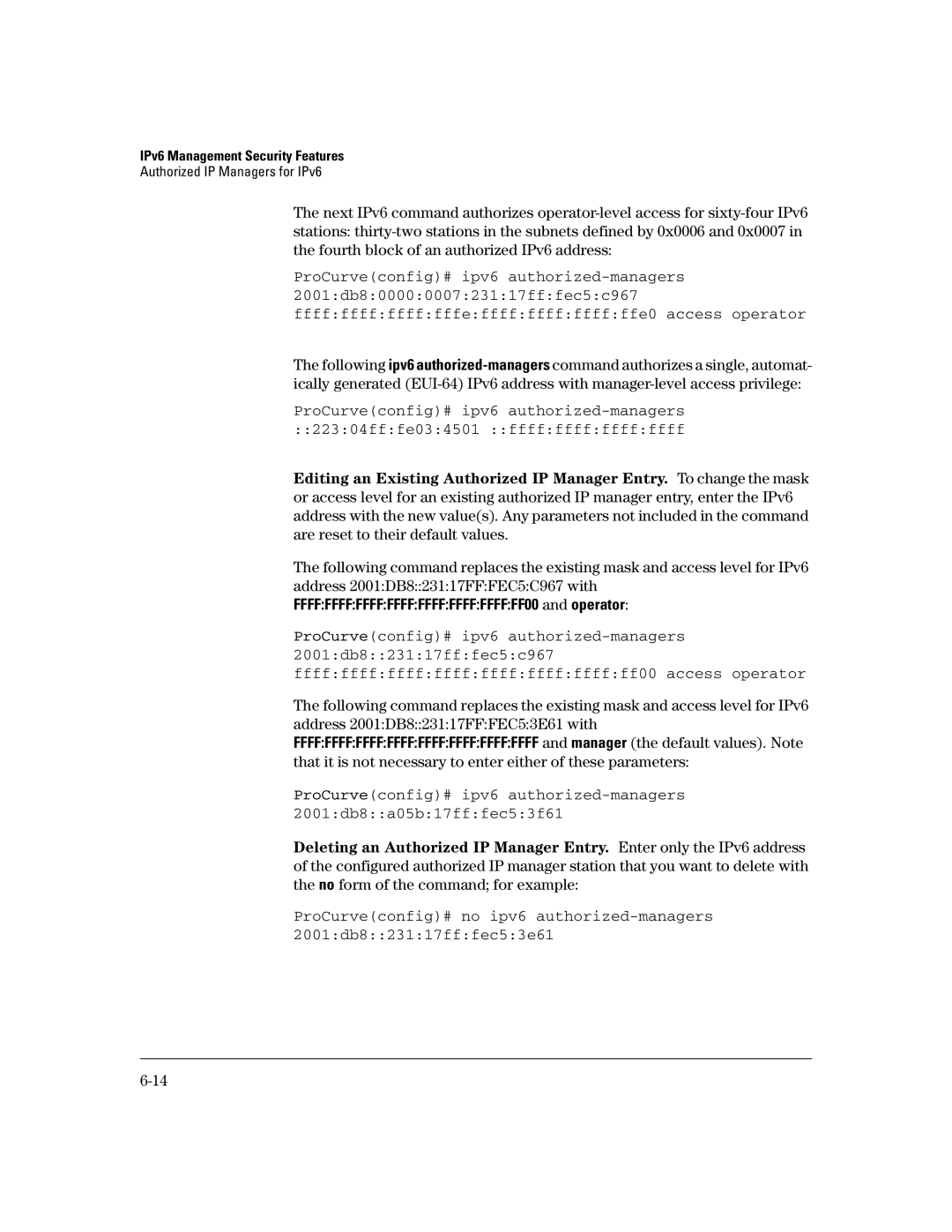 HP IPv6 5400zl, IPv6 6200yl, IPv6 2900, IPv6 3500yl manual IPv6 Management Security Features 