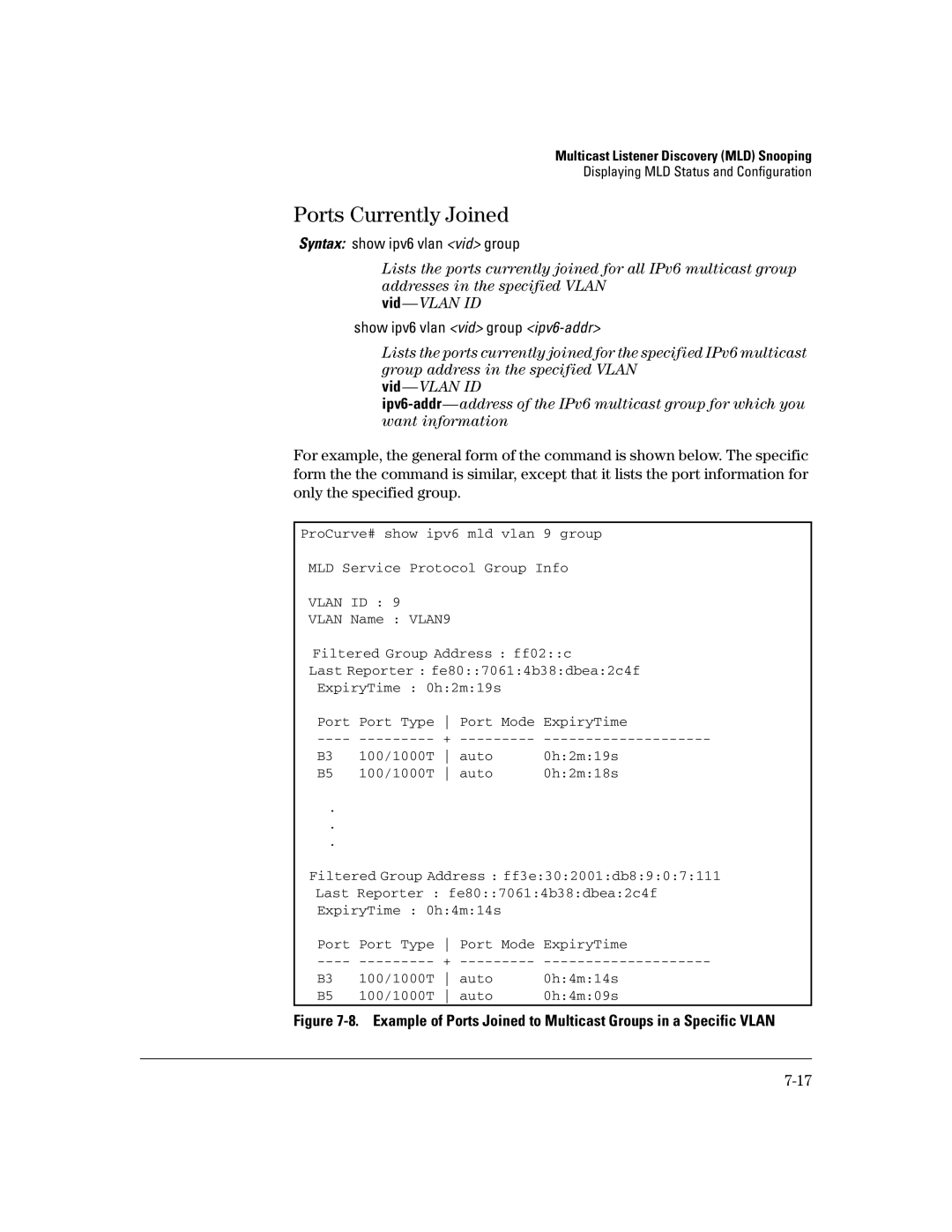 HP IPv6 3500yl, IPv6 6200yl, IPv6 2900, IPv6 5400zl manual Ports Currently Joined, Vlan ID 