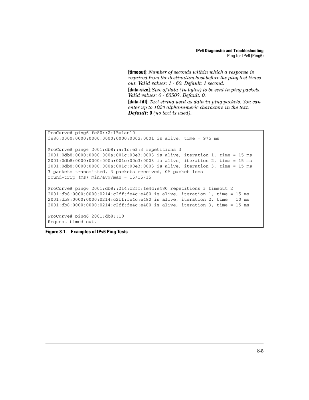 HP IPv6 2900, IPv6 6200yl, IPv6 5400zl, IPv6 3500yl manual Examples of IPv6 Ping Tests 