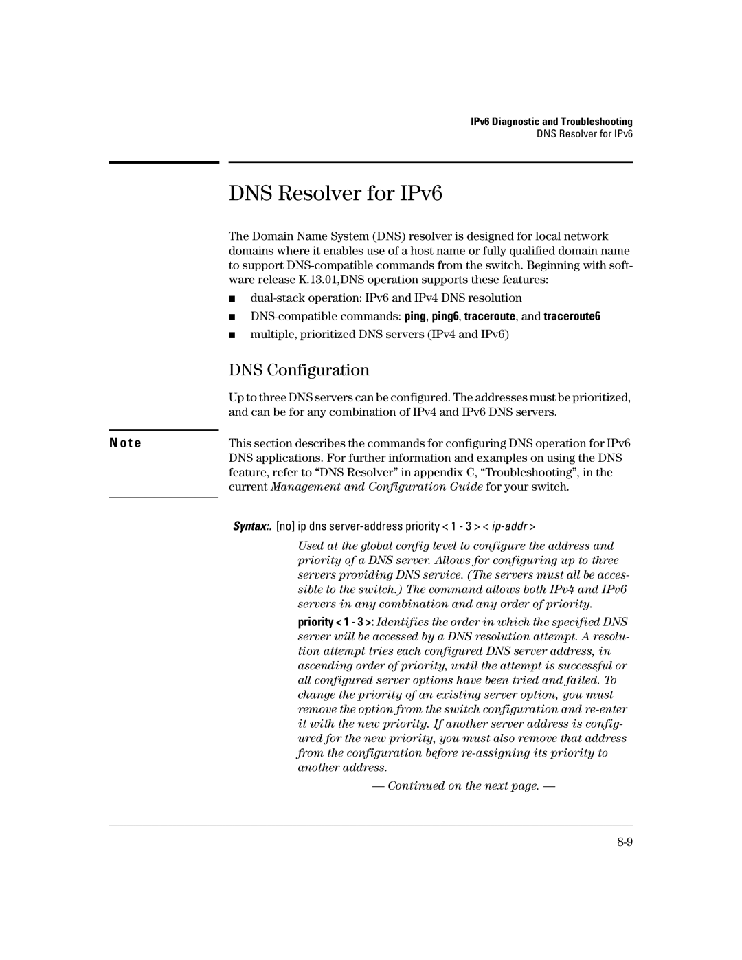 HP IPv6 2900, IPv6 6200yl, IPv6 5400zl, IPv6 3500yl manual DNS Resolver for IPv6, DNS Configuration 