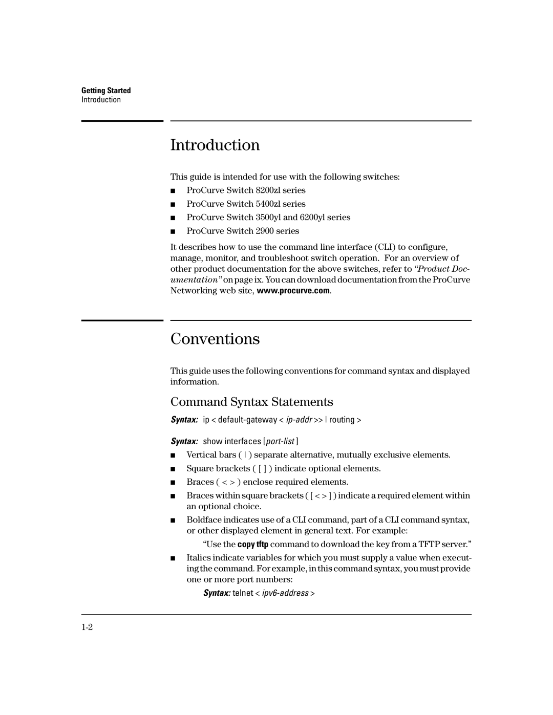 HP IPv6 6200yl, IPv6 2900, IPv6 5400zl, IPv6 3500yl manual Introduction, Conventions, Command Syntax Statements 