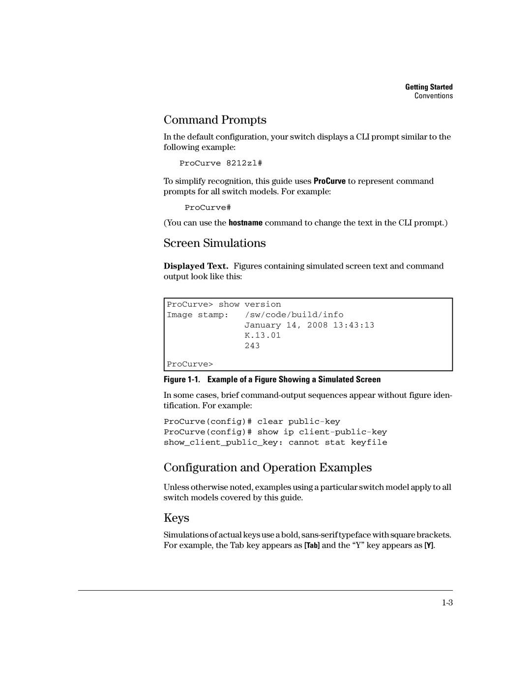 HP IPv6 2900, IPv6 6200yl, IPv6 5400zl manual Command Prompts, Screen Simulations, Configuration and Operation Examples, Keys 